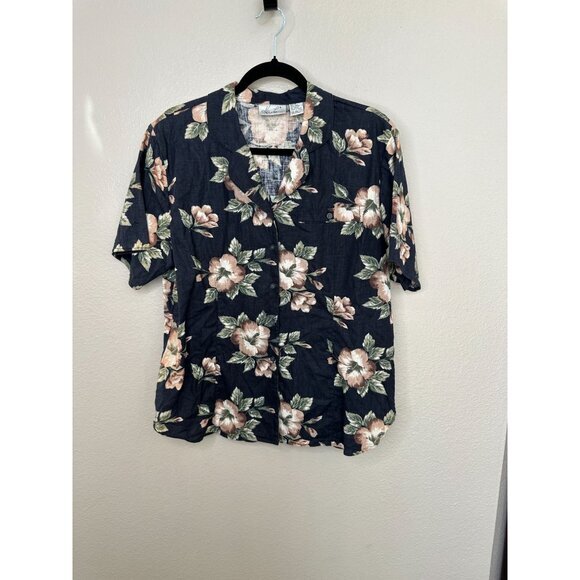 Kathie Lee Womens Black Floral Blouse 16 short sleeve button up‎ linen collared - Picture 1 of 6